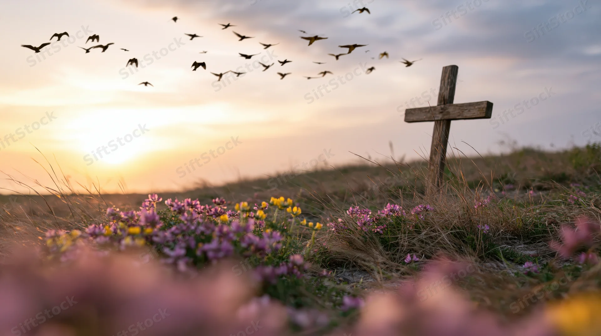 Wooden christian cross standing in a meadow at sunrise surrounded by wildflowers and flying birds