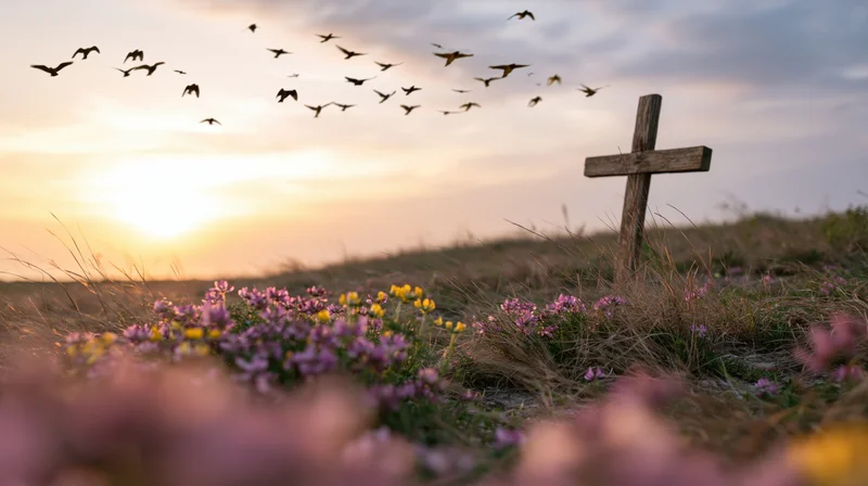 Wooden christian cross standing in a meadow at sunrise surrounded by wildflowers and flying birds