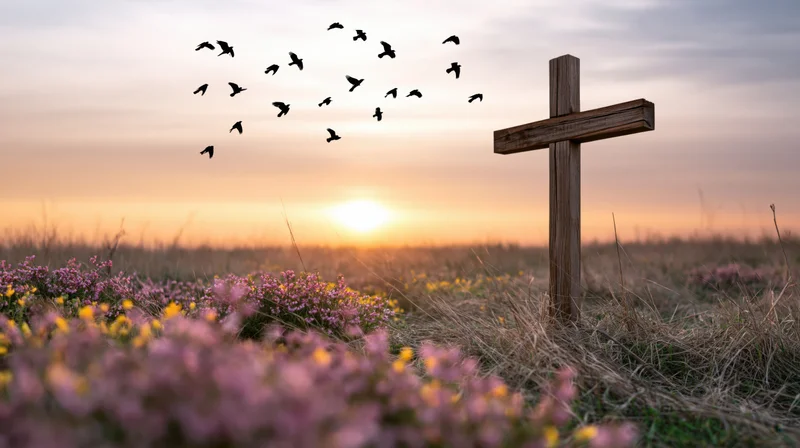 Wooden christian cross standing in a meadow at sunrise with purple and yellow wildflowers and flying birds in the sky
