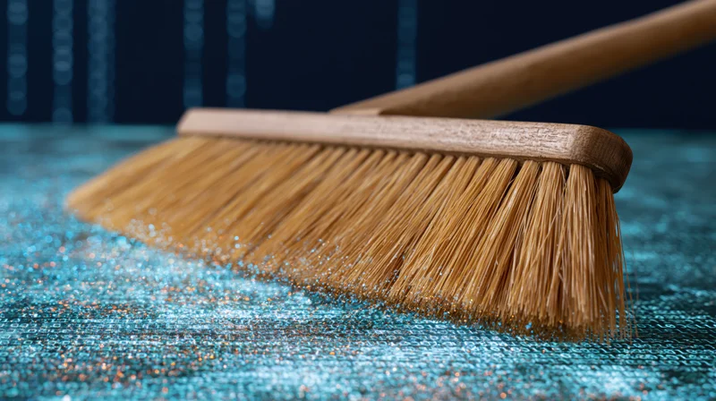 Wooden broom sweeping across glowing blue digital surface with sparkling texture
