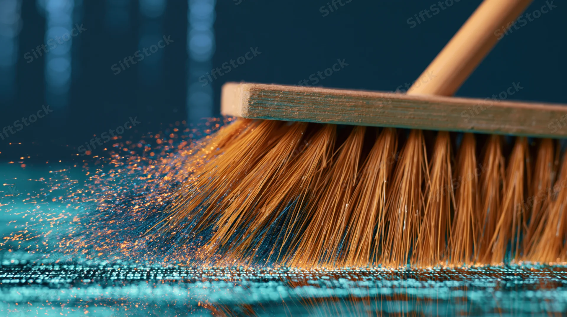 Wooden broom sweeping glowing digital surface with flying particles
