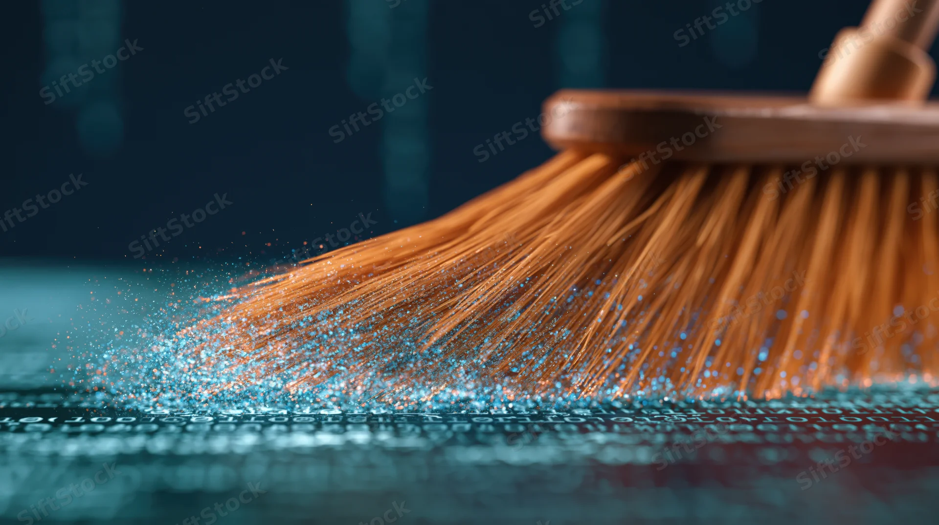 Wooden broom sweeping glowing digital surface with blue particles