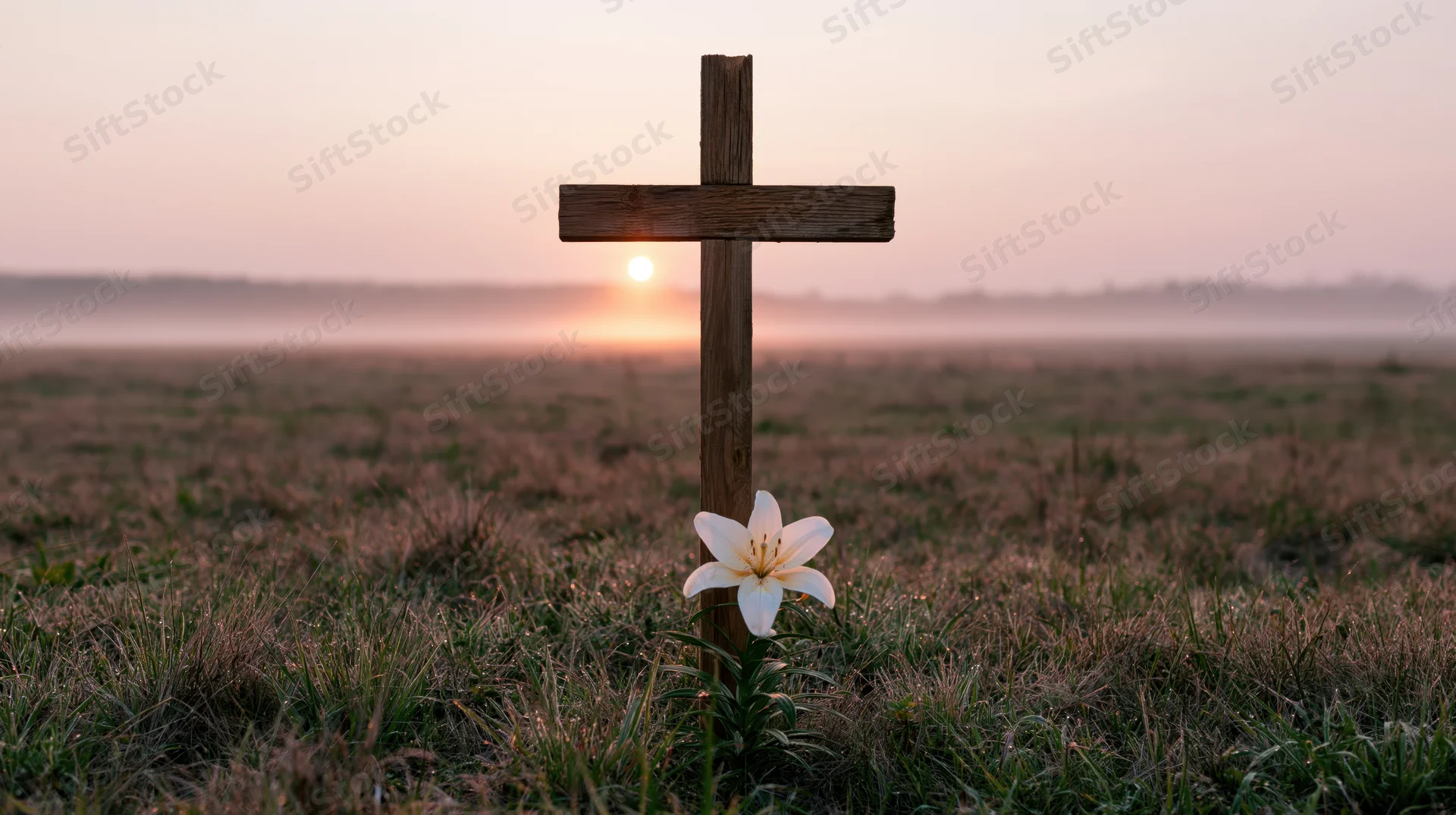 Wooden cross standing in a dewy meadow at dawn with a single white lily at its base