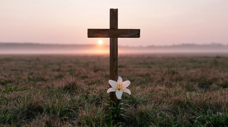 Wooden cross standing in a dewy meadow at dawn with a single white lily at its base