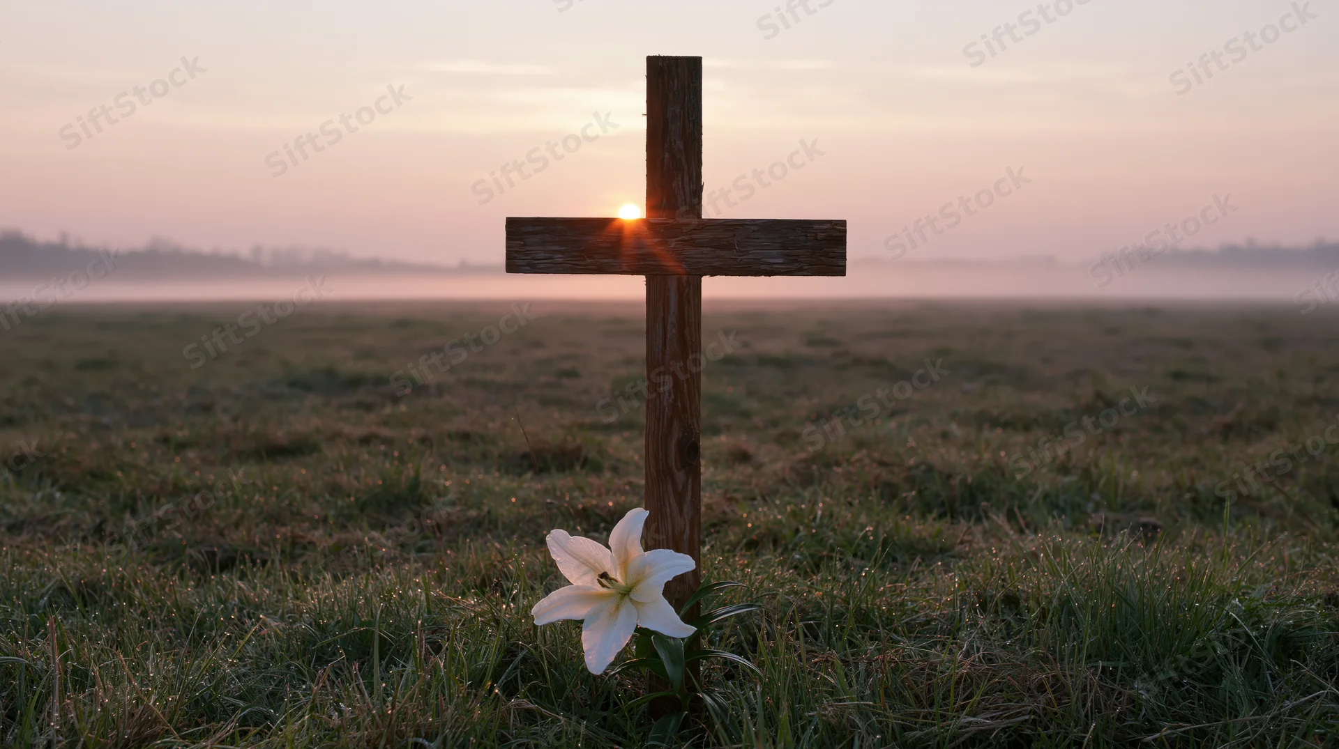 Wooden cross standing in a dewy meadow at dawn with a white lily at its base