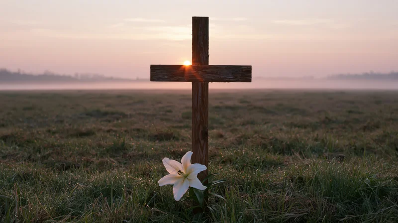 Wooden cross standing in a dewy meadow at dawn with a white lily at its base