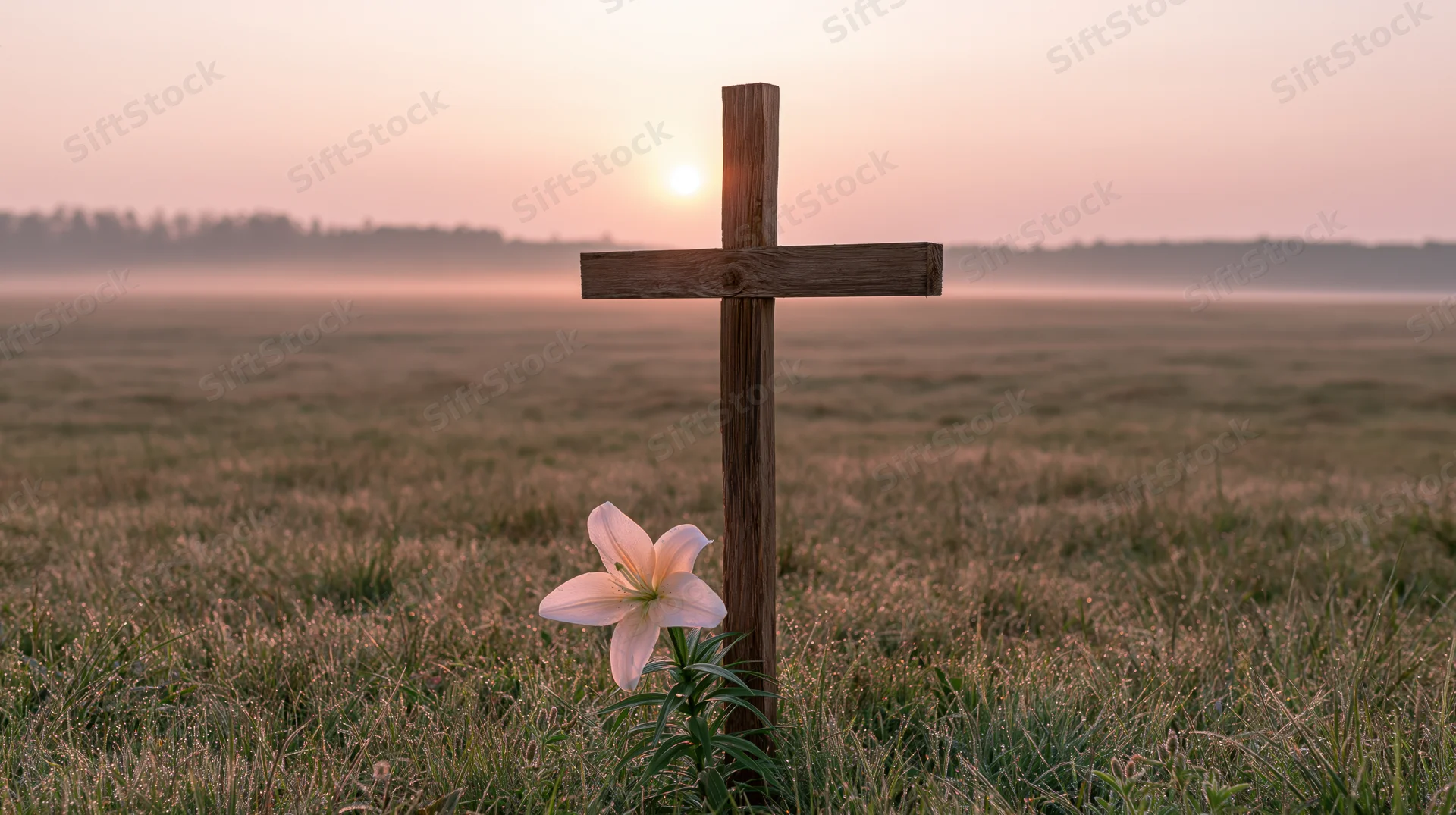 Wooden cross standing in a dewy meadow at dawn with a single pink lily beside it