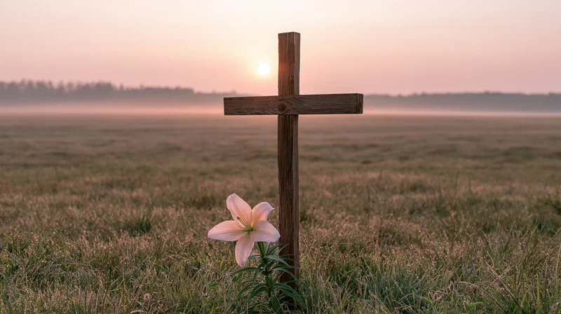Wooden cross standing in a dewy meadow at dawn with a single pink lily beside it