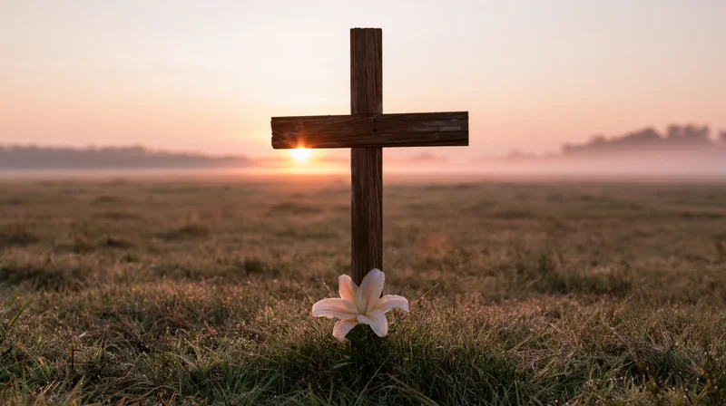 Wooden cross in a dewy meadow at dawn with a white lily at its base