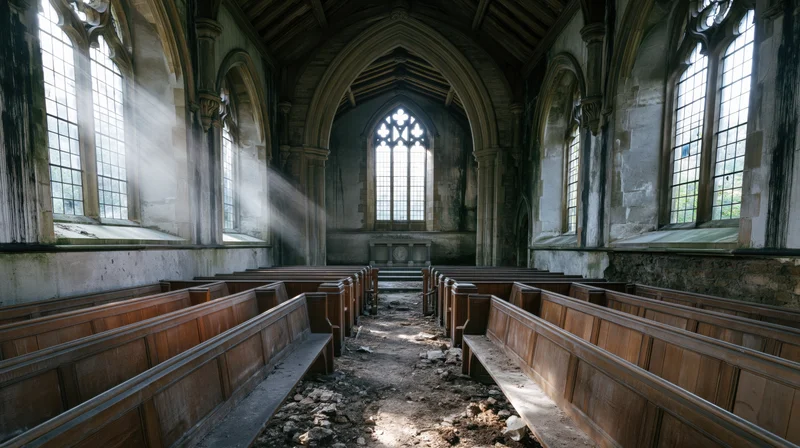 Abandoned gothic church interior with wooden pews and stone walls leading to altar