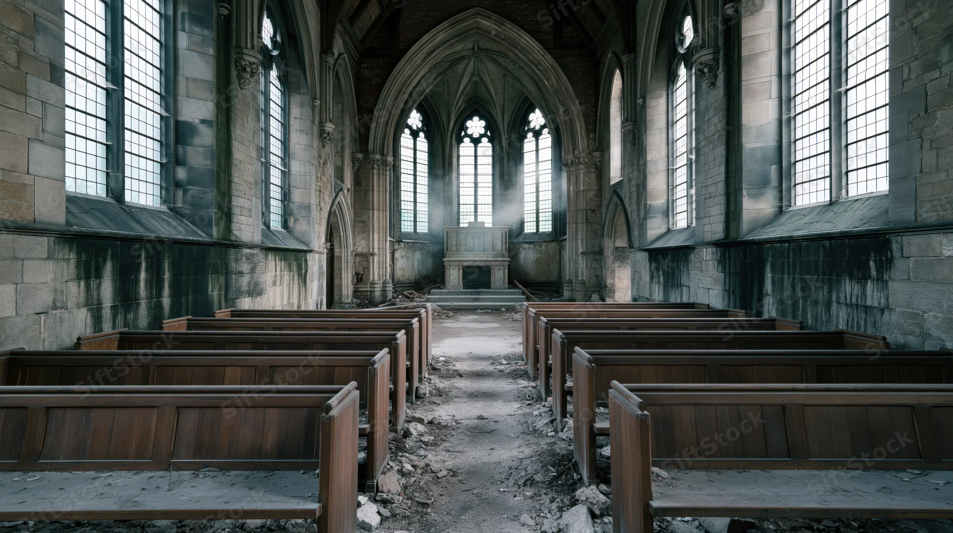 Abandoned gothic church interior with dusty wooden pews leading to altar through decaying stone nave