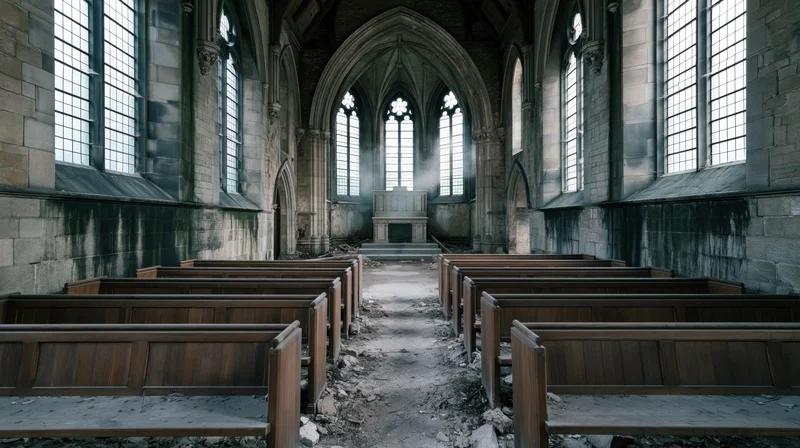 Abandoned gothic church interior with dusty wooden pews leading to altar through decaying stone nave