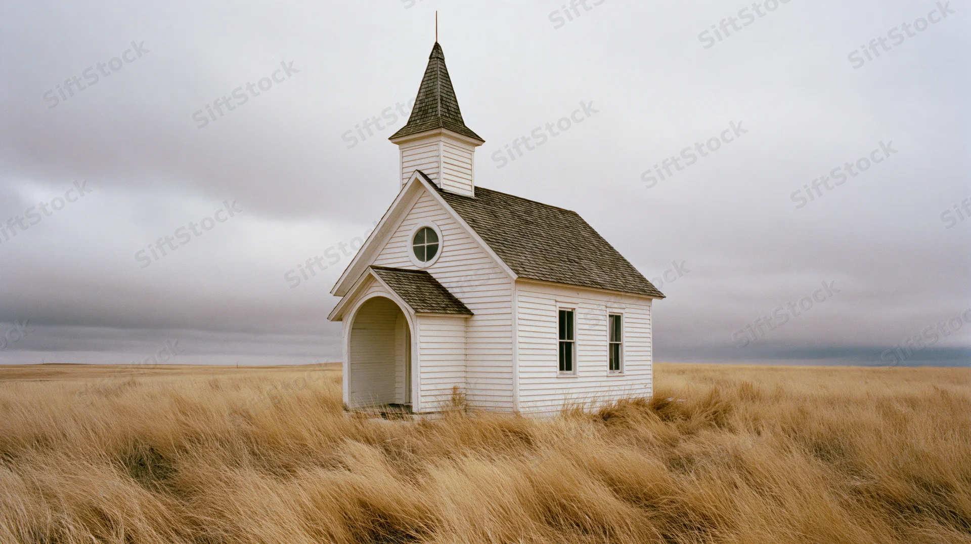 Abandoned white clapboard church with pointed steeple standing alone in a dry grassy prairie field under an overcast sky