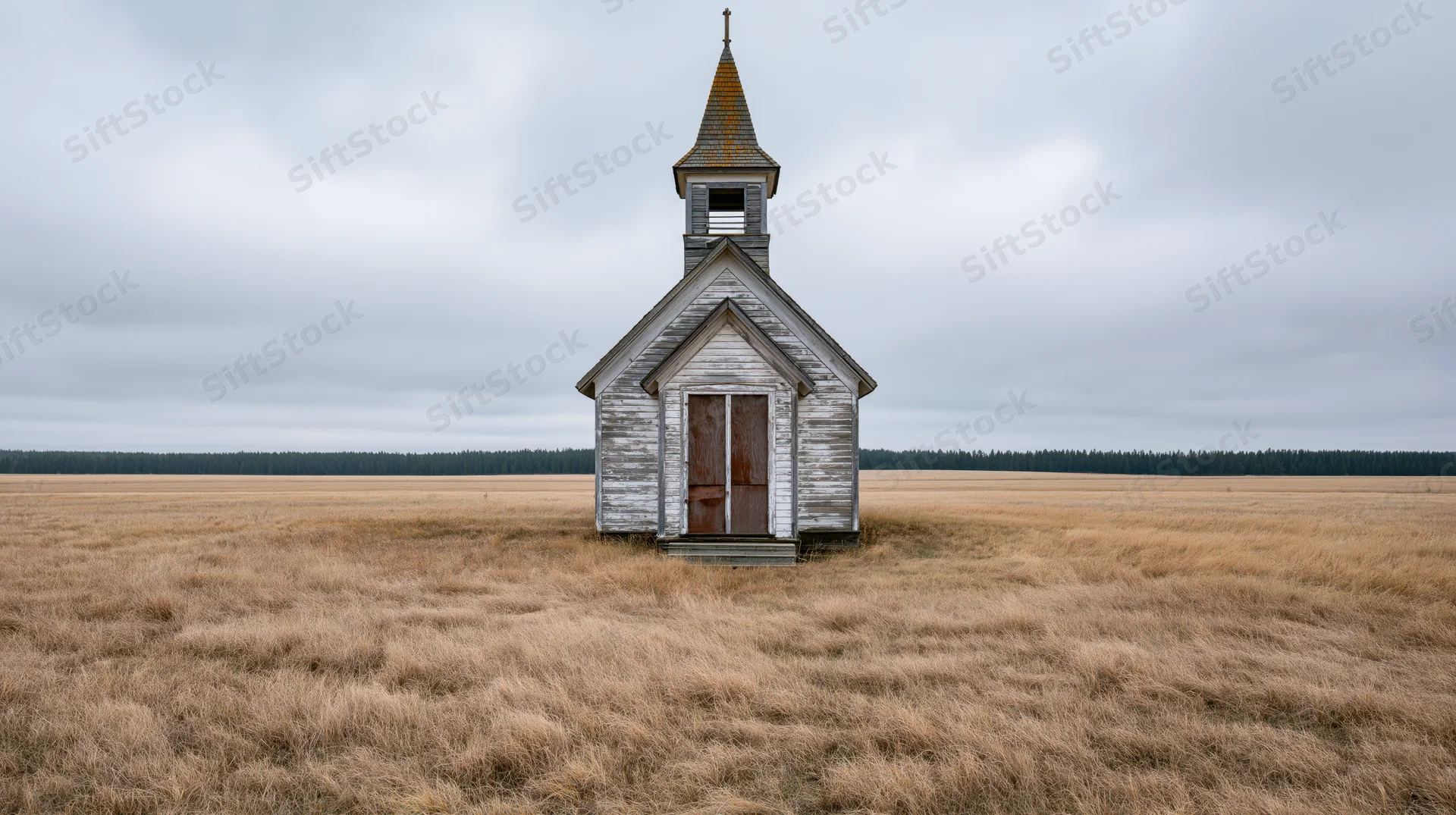 Abandoned wooden church with pointed steeple standing alone in a dry grass field under overcast sky