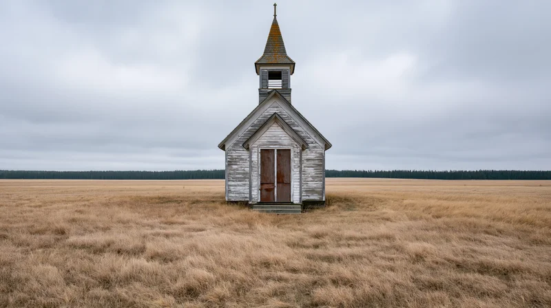 Abandoned wooden church with pointed steeple standing alone in a dry grass field under overcast sky
