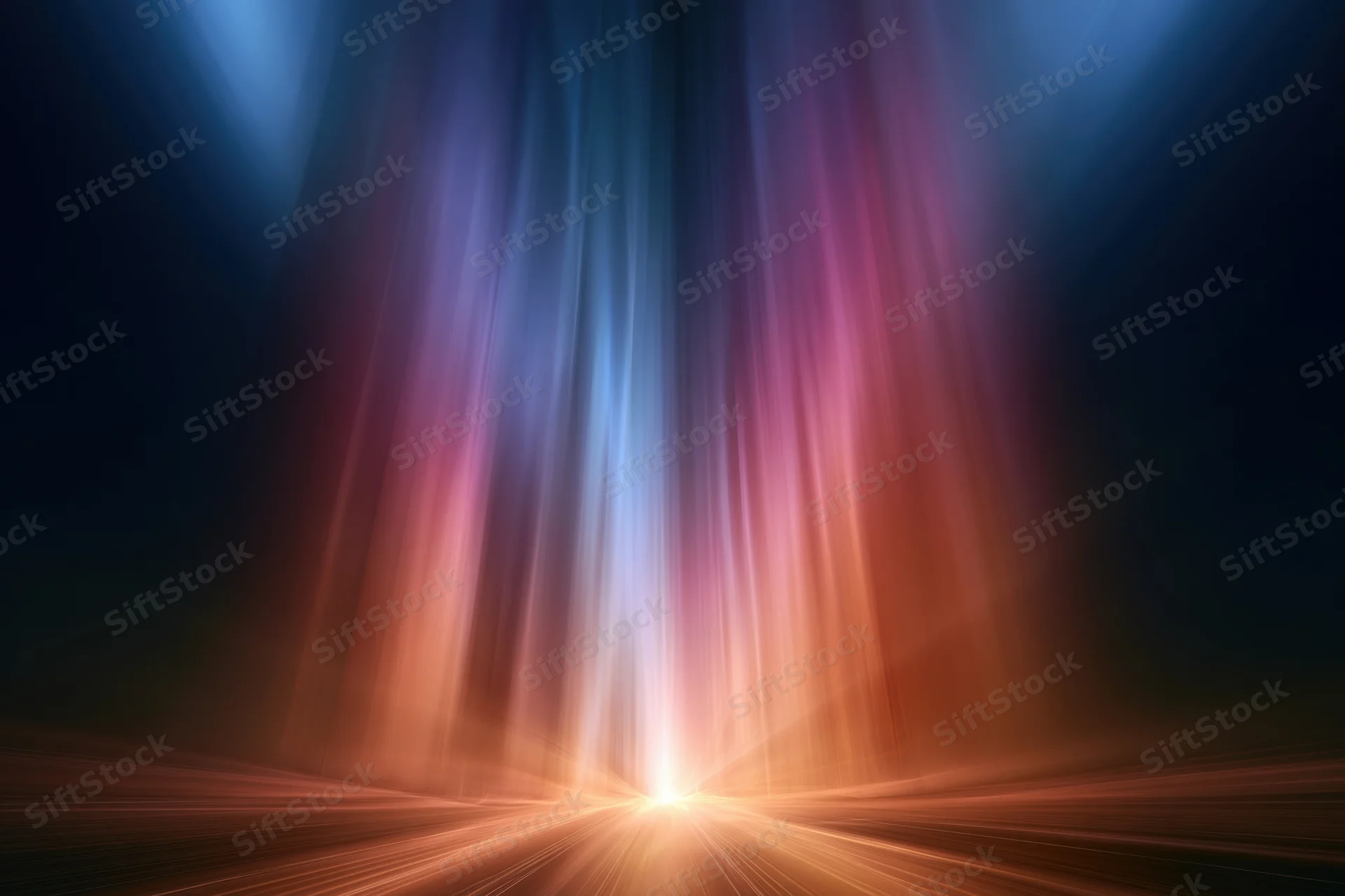 Radiant light beams converging from a central point in an abstract space