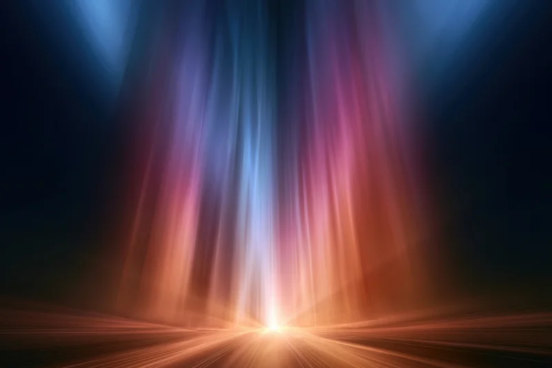 Radiant light beams converging from a central point in an abstract space