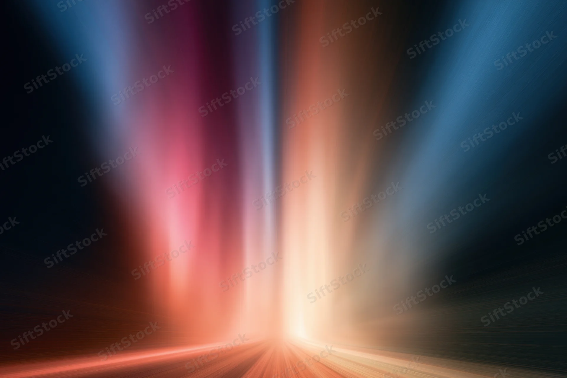Radiant light beams rising from a central point in a dark abstract space