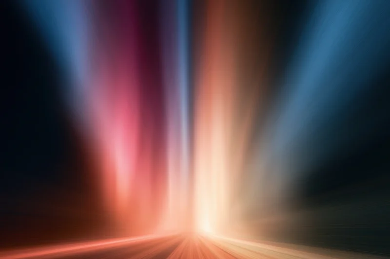 Radiant light beams rising from a central point in a dark abstract space