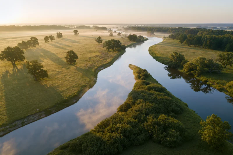 Winding river reflecting sky and clouds through green meadows at sunrise
