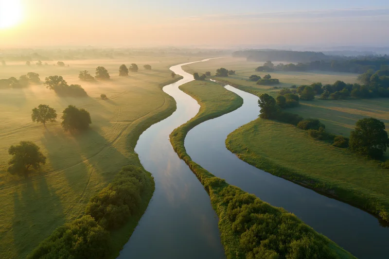 Winding river flowing through green meadows at sunrise with morning mist