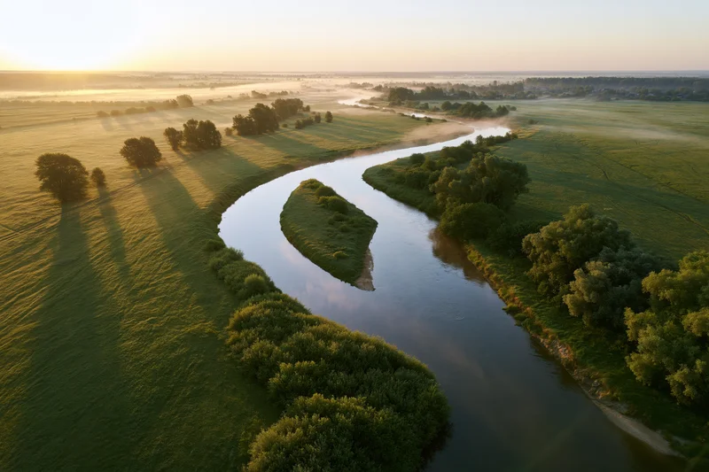 Winding river snaking through flat green meadow at sunrise