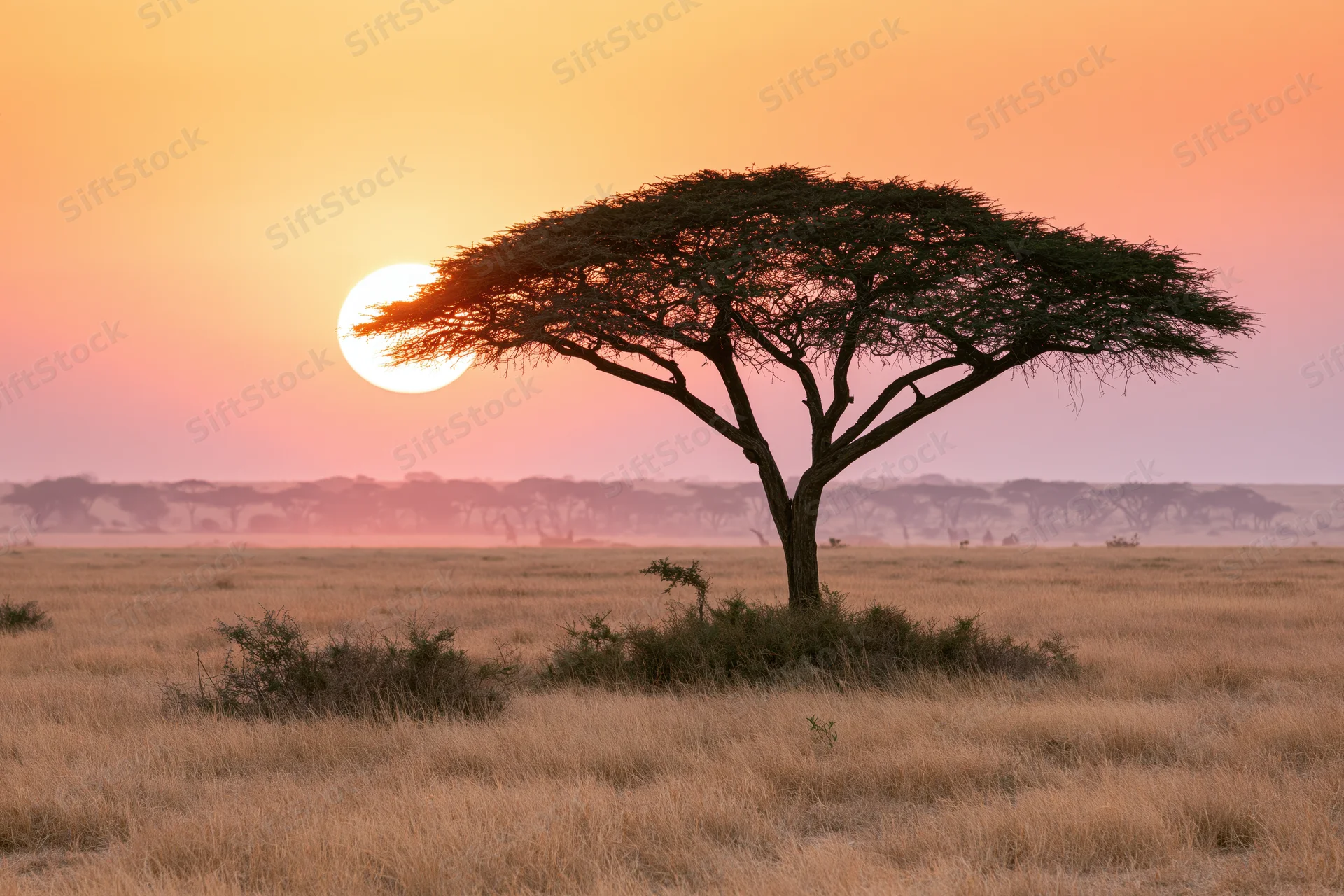 Lone flat-topped acacia tree silhouetted against sunset in african savanna