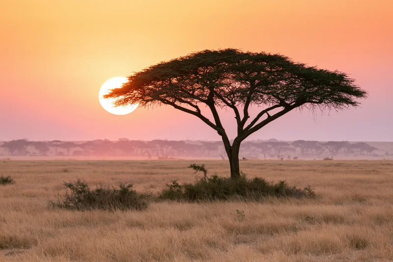 Lone flat-topped acacia tree silhouetted against sunset in african savanna