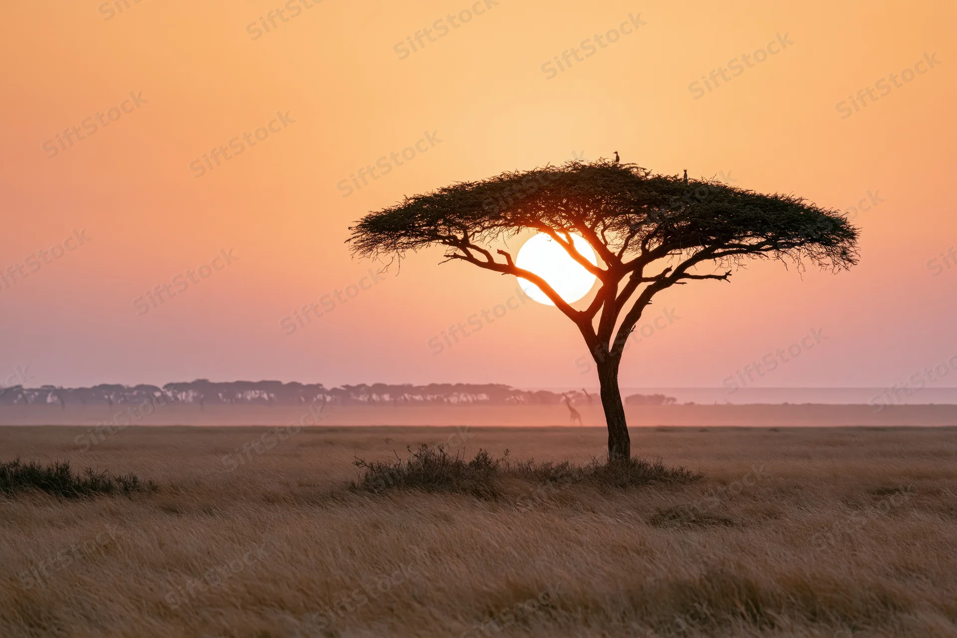 Lone flat-topped acacia tree silhouetted against sunset in african savanna grassland