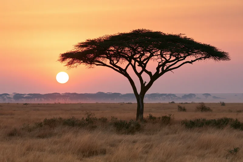 Lone flat-topped acacia tree silhouetted against sunset sky in african savanna grassland