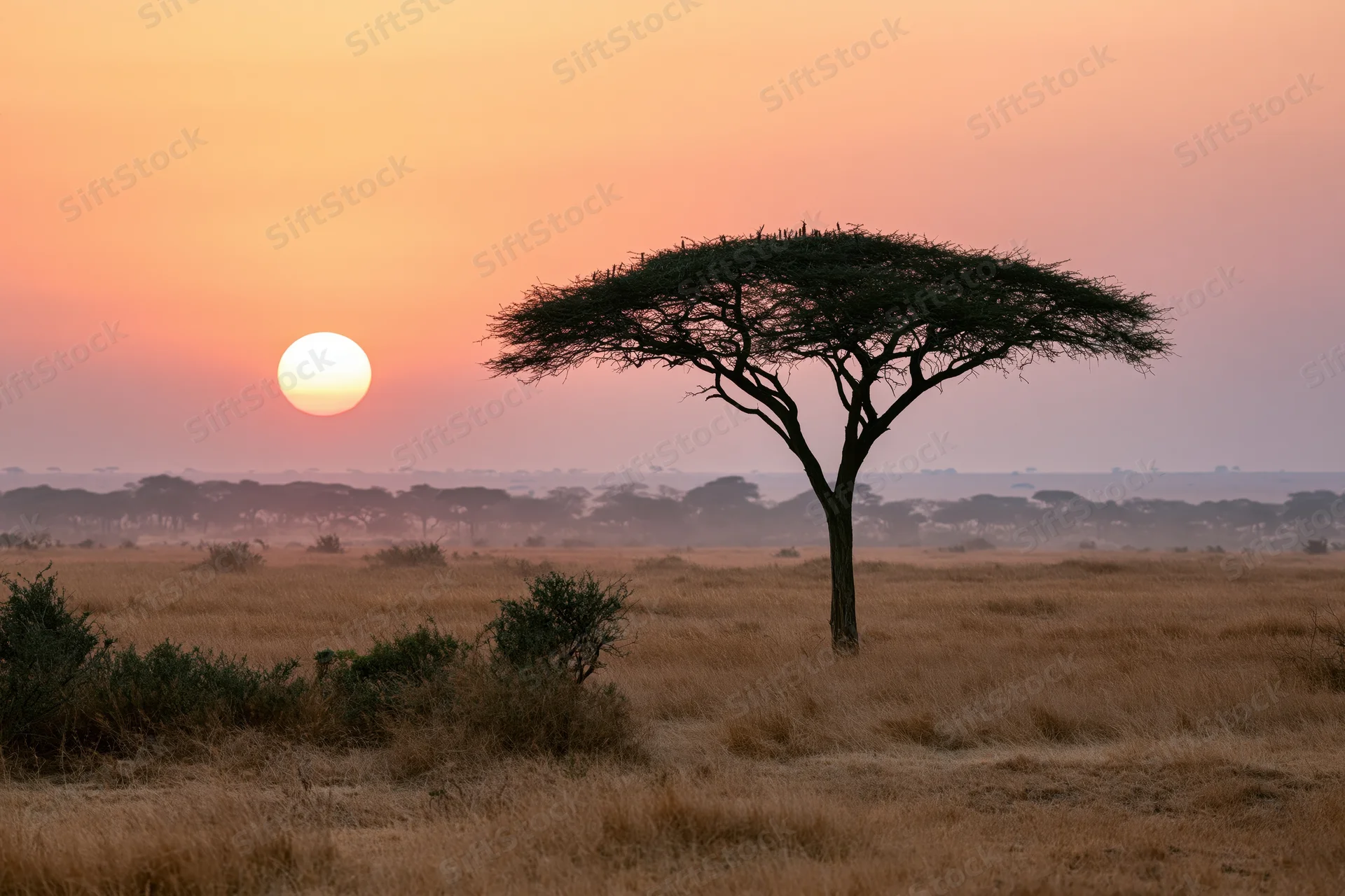 Lone flat-topped acacia tree silhouetted against sunset sky in african savanna