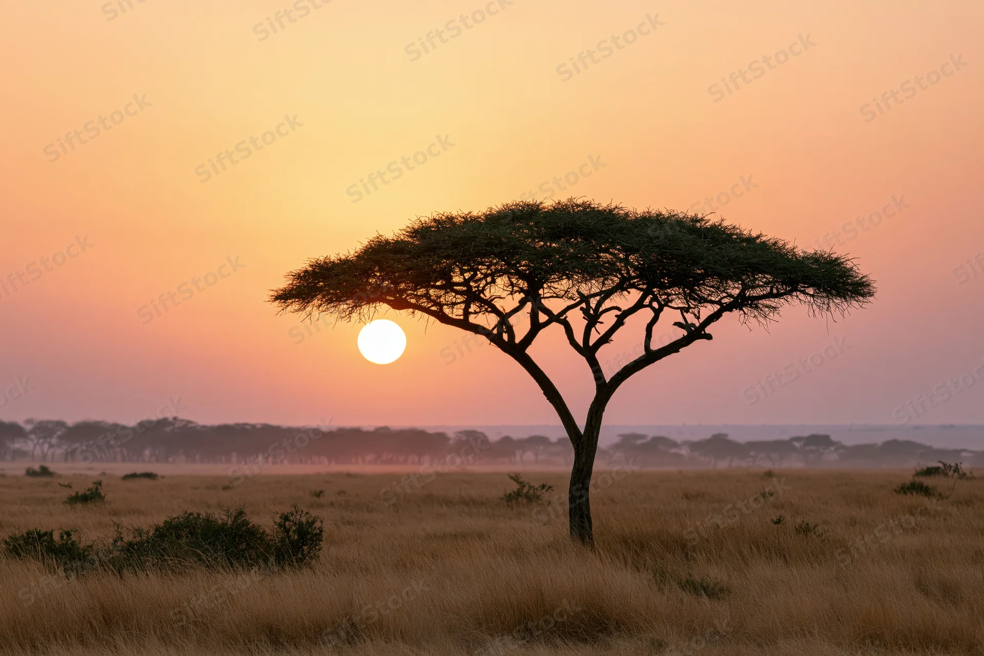 Lone flat-topped acacia tree silhouetted against sunset sky in african savanna