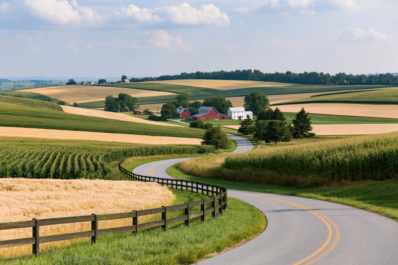 Winding asphalt road curves through rolling cornfields and golden wheat near a red barn farmstead in the American Midwest