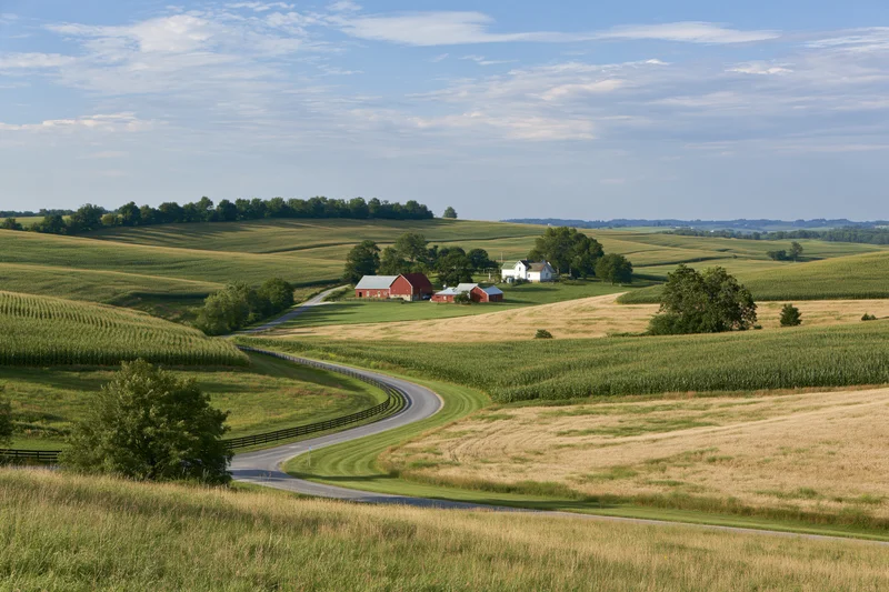 Farmstead with red barn and white farmhouse nestled among rolling hills and cornfields, accessed by a winding country road