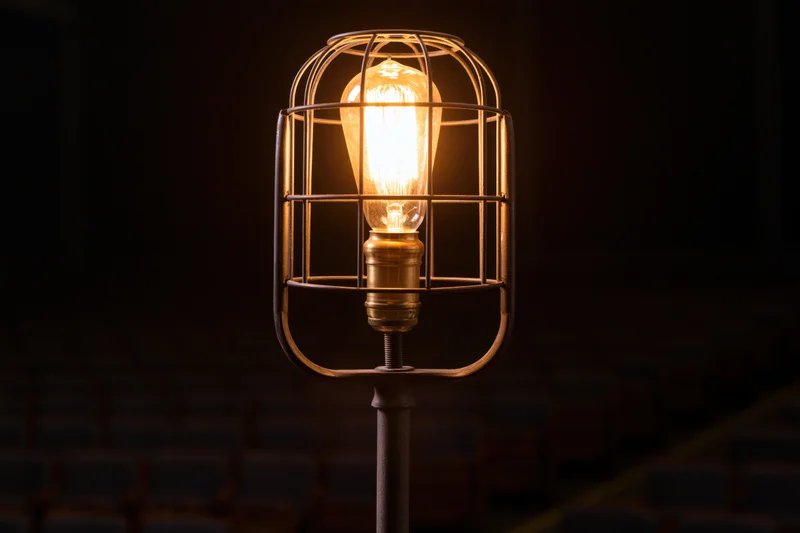 Industrial cage work light glowing warmly on metal stand in dark interior