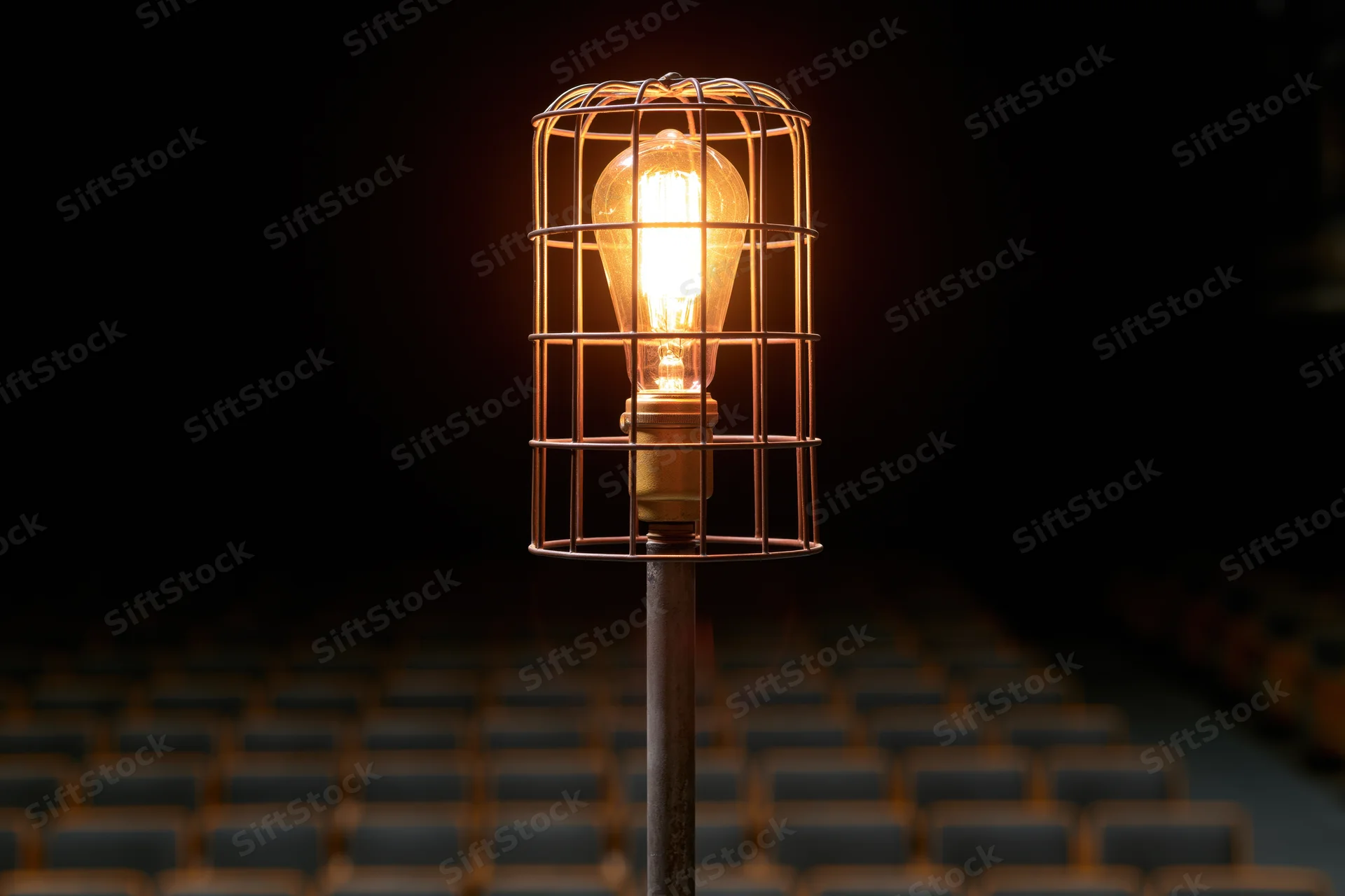 Industrial cage light glowing warmly on metal stand in dark auditorium with rows of seats