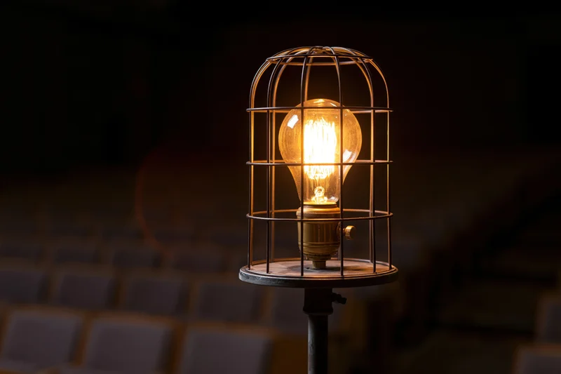 Industrial cage work light glowing warmly on metal stand in dim interior