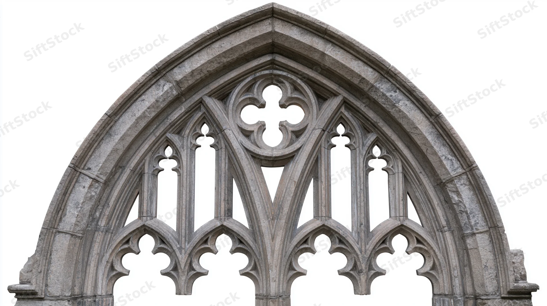 Gothic stone cathedral window frame with pointed arch and tracery details isolated on white