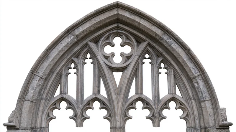 Gothic stone cathedral window frame with pointed arch and tracery details isolated on white