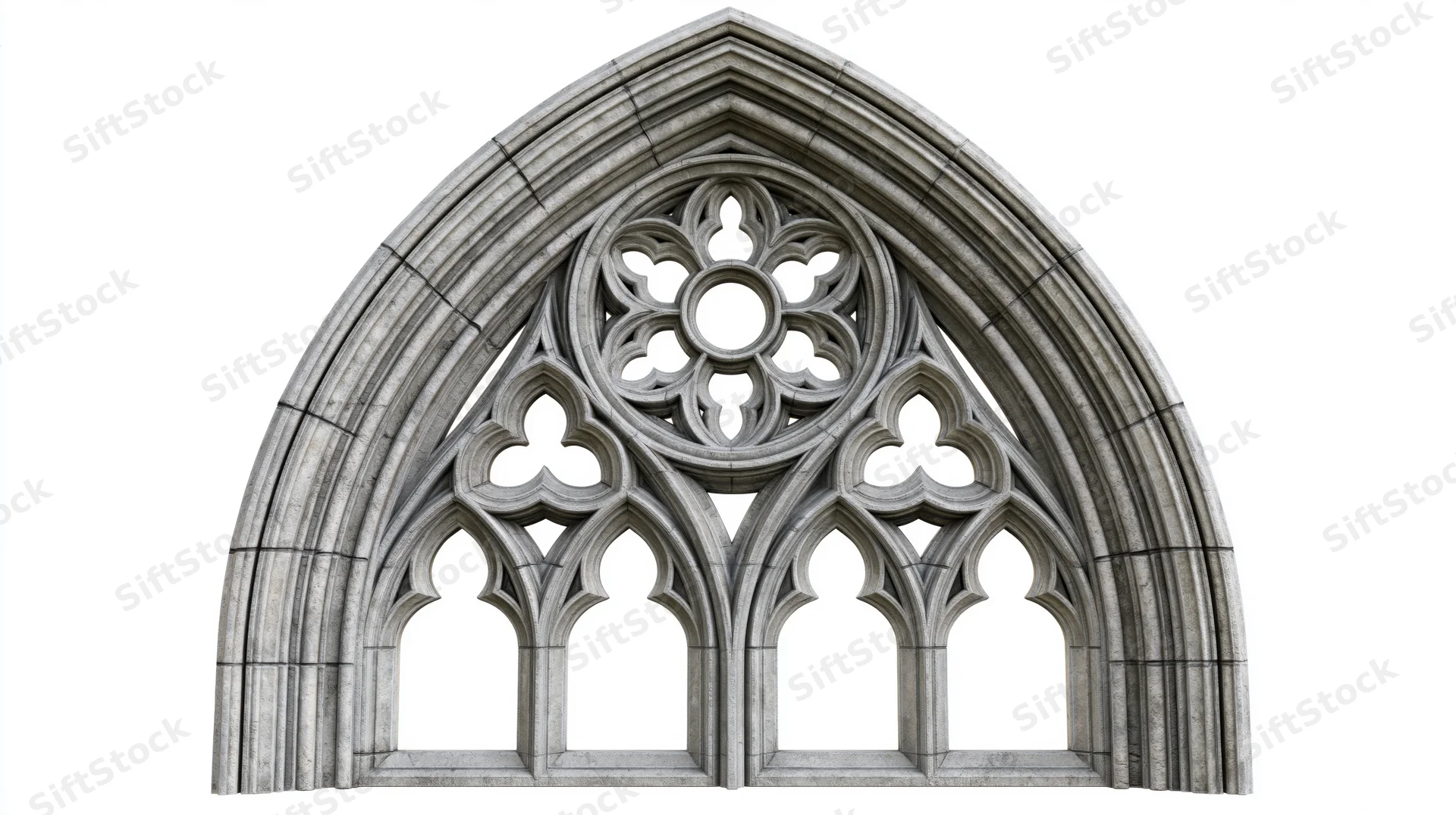 Gothic stone cathedral window frame with pointed arch and tracery details isolated on white