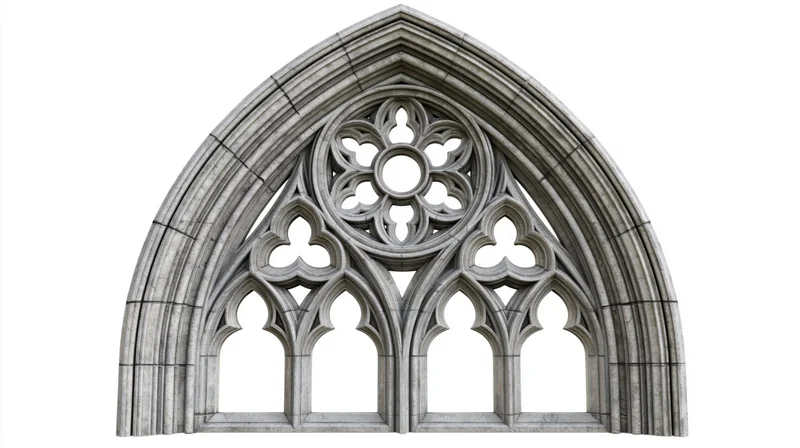 Gothic stone cathedral window frame with pointed arch and tracery details isolated on white
