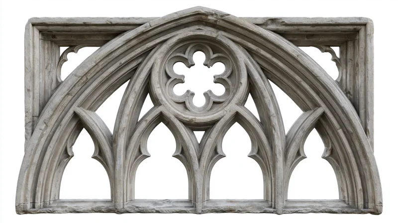 Gothic stone window frame with pointed arch and tracery details isolated on white