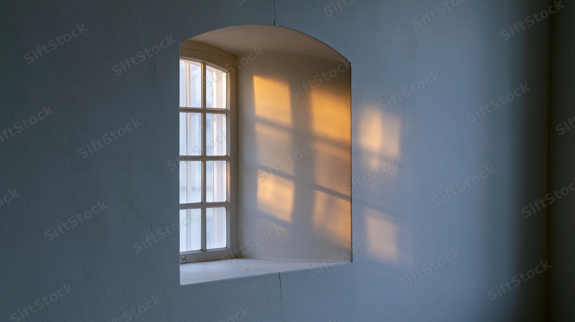 Arched window with grid panes casting warm cross-shaped shadow on pale interior wall