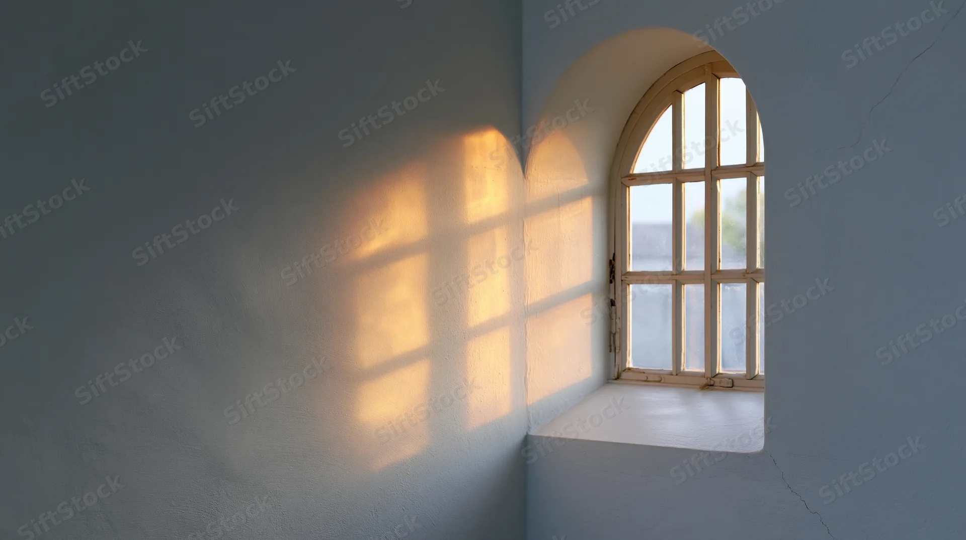 Arched window with wooden grid casting warm cross-shaped shadow on pale interior wall