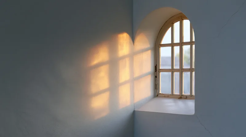 Arched window with wooden grid casting warm cross-shaped shadow on pale interior wall