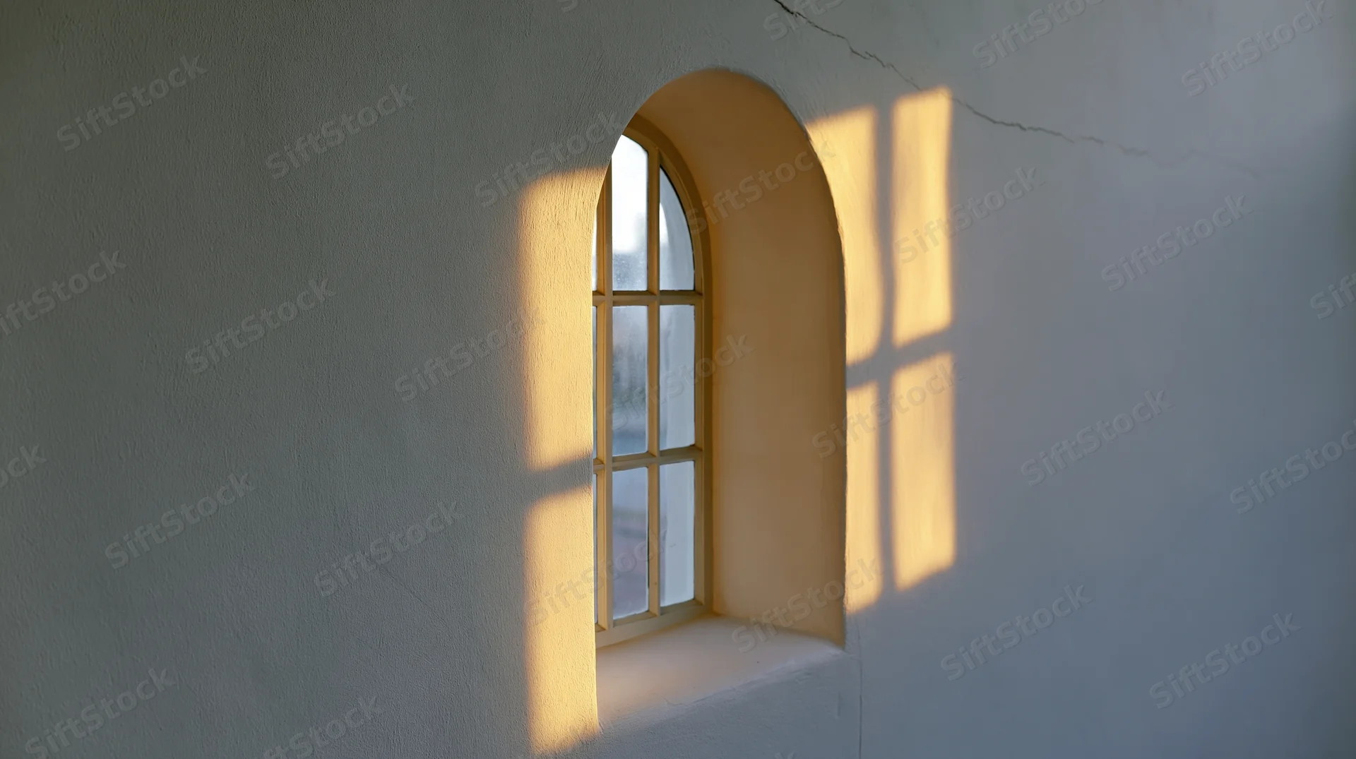 Arched window with cross-shaped shadow on pale interior wall from sunlight