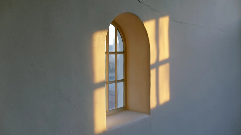 Arched window with cross-shaped shadow on pale interior wall from sunlight