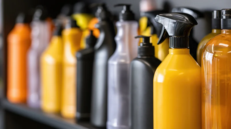 Cleaning product bottles arranged in a row on a shelf with focus on spray and pump dispensers