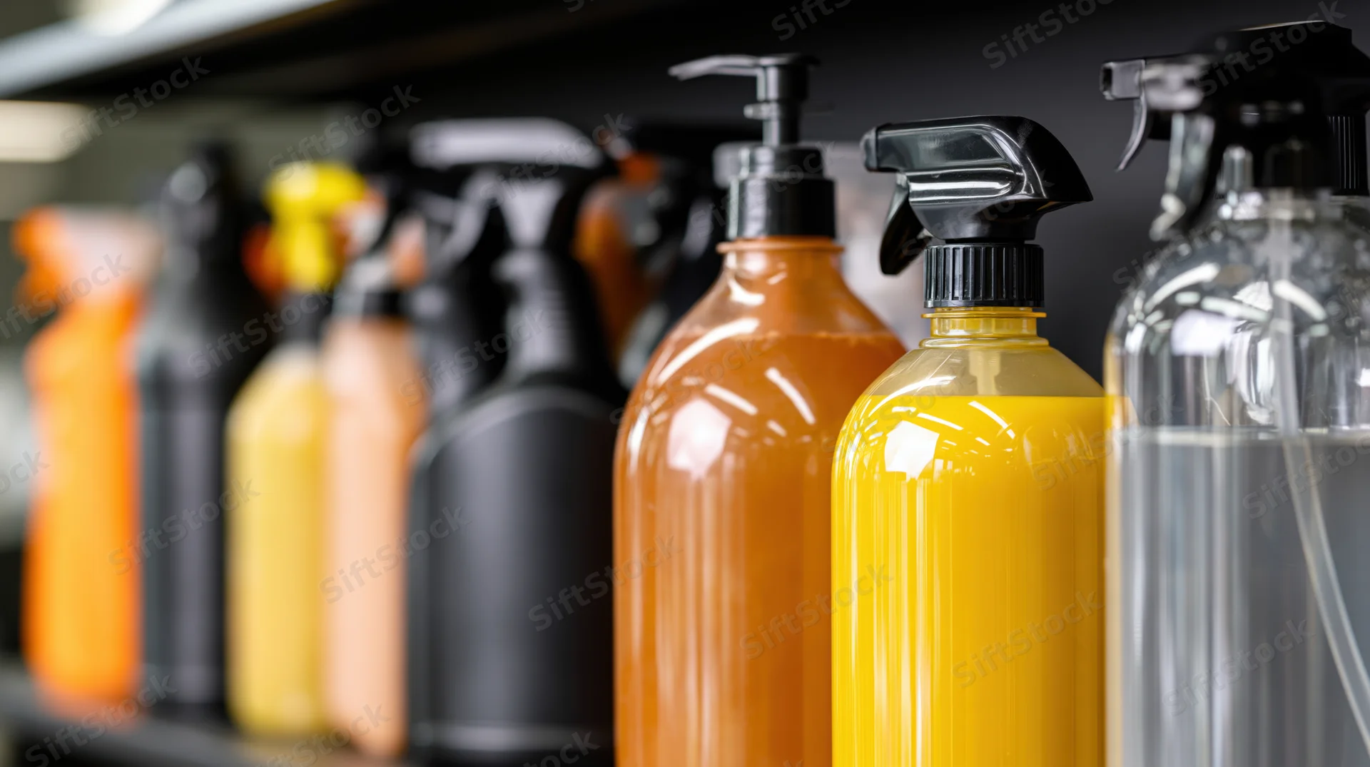 Cleaning product bottles arranged in a row on a shelf with spray nozzles and pumps in focus
