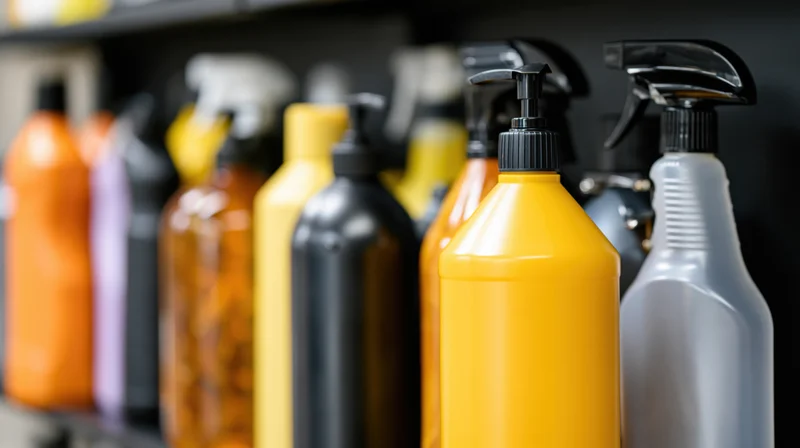 Cleaning product bottles arranged in rows on a shelf with focus on spray and pump containers